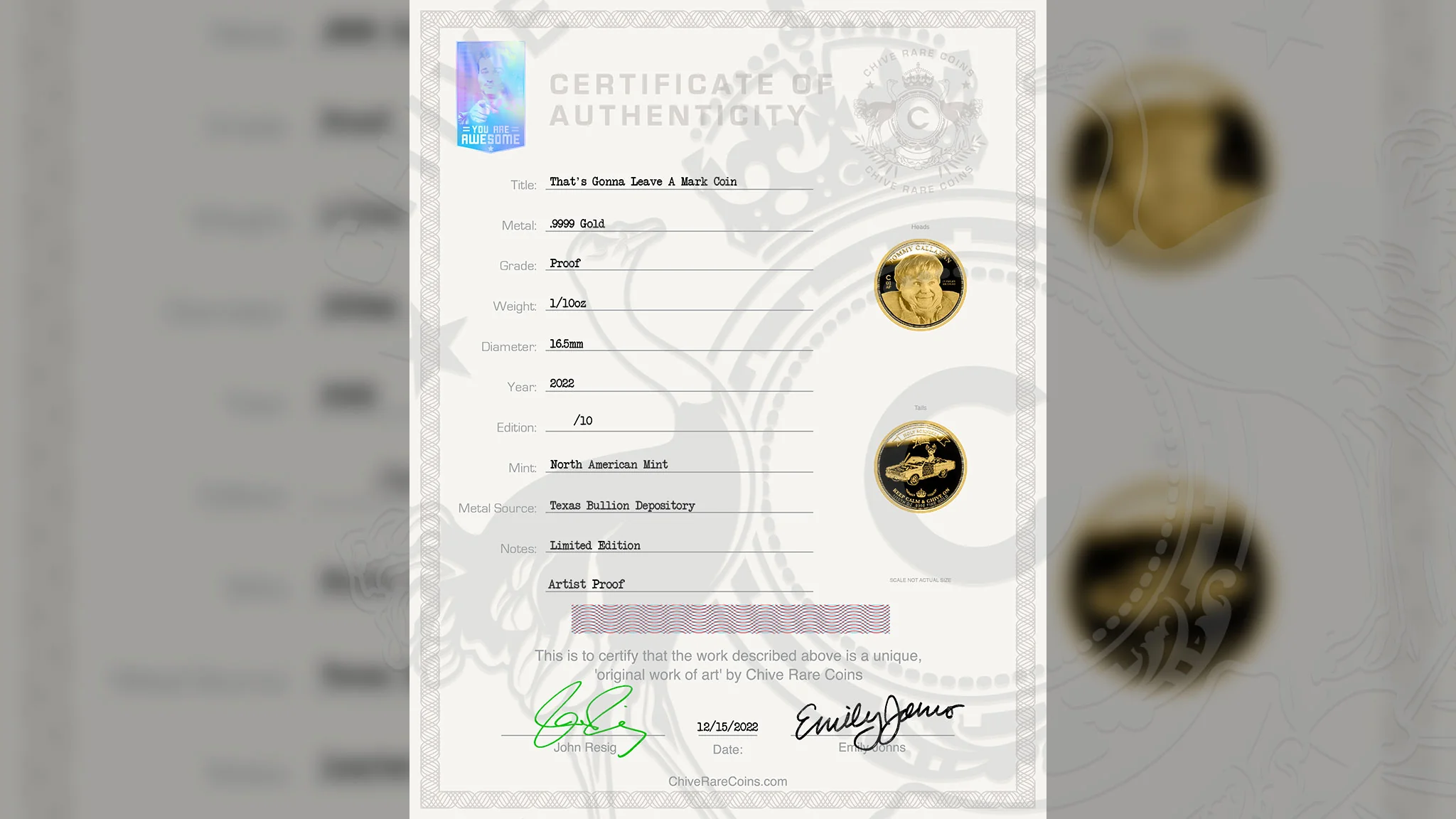 AP Tommy Boy Gold Coin 1/10 oz - Image 3
