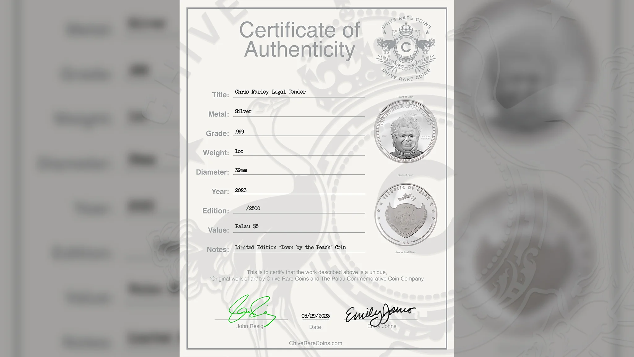 GRADED 2023 Chris Farley Legal Tender Silver Coin 1 oz - Image 3