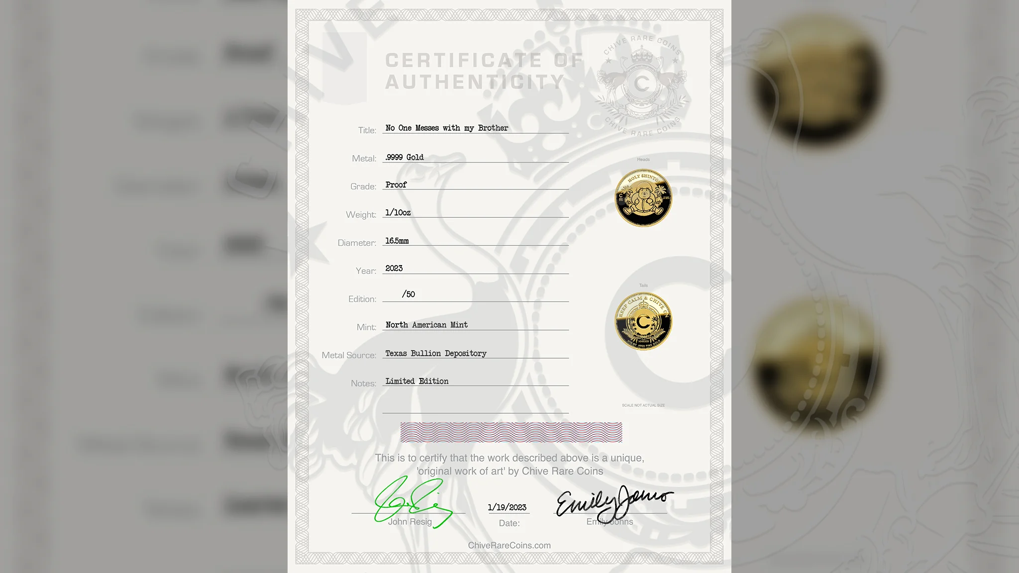 No One Messes With My Brother Gold Coin 1/10 oz - Image 3
